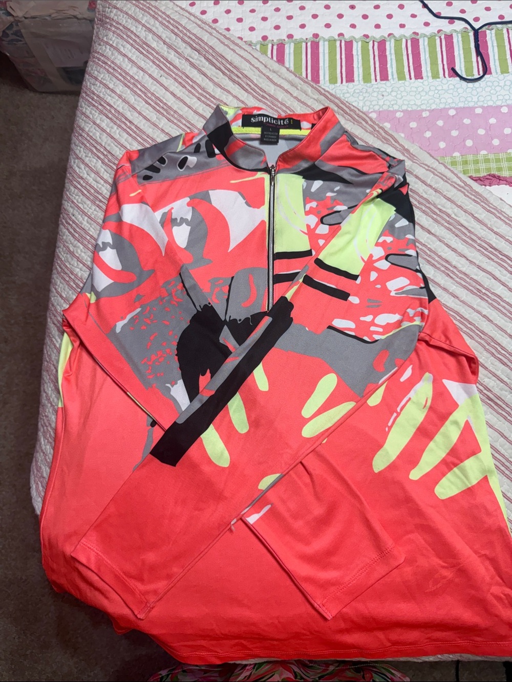 Simplicity Coral & Neon Yellow Abstract Zip Bomber Jacket